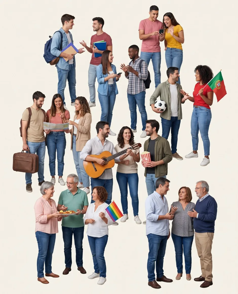 Pessoas a conversar sobre futebol, música, cinema, viagens e petiscos